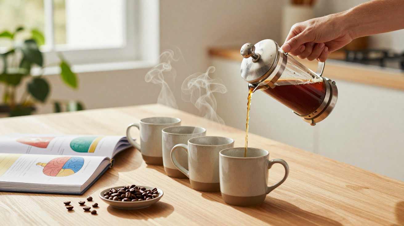 Pessoa servindo café quente de prensa francesa em uma das quatro canecas em uma mesa de madeira clara.