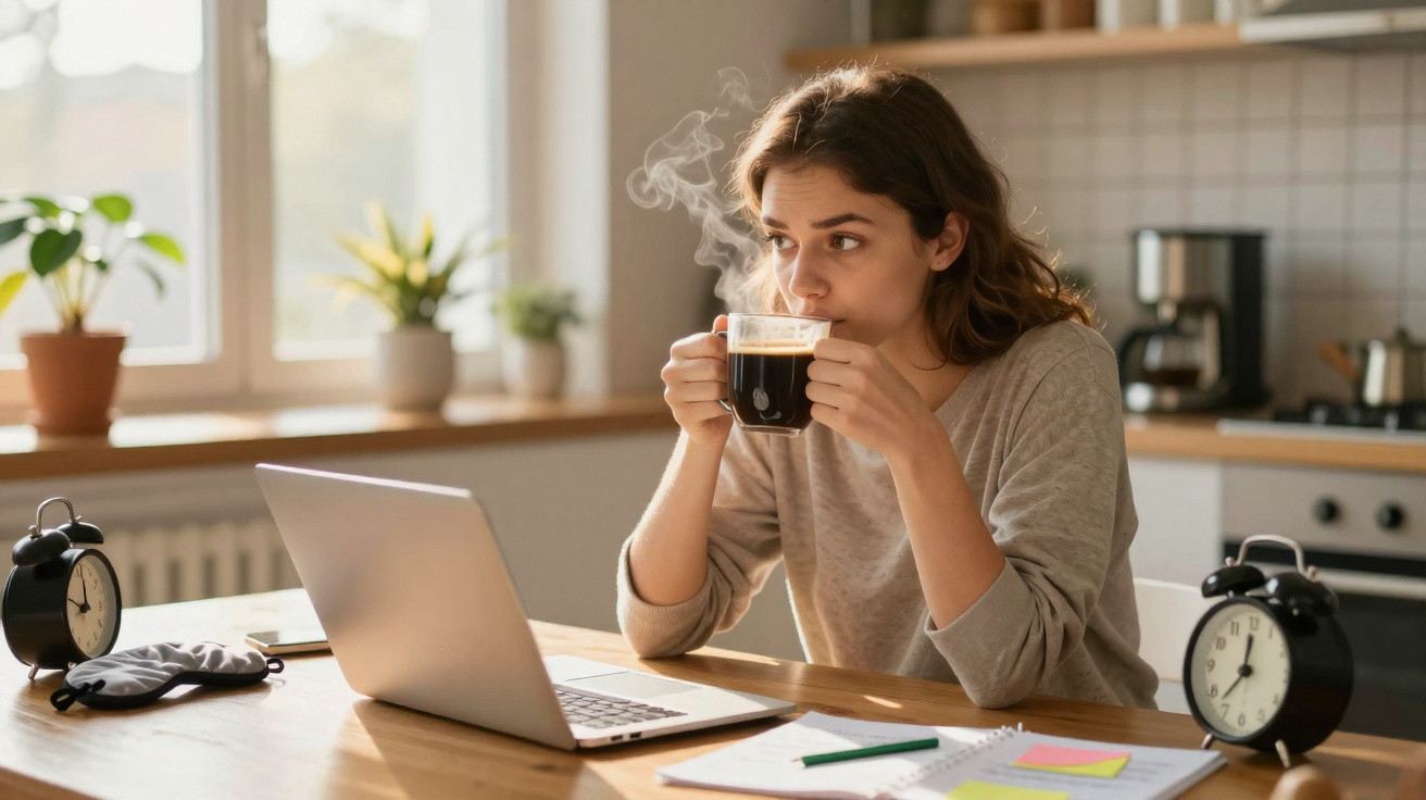 Mulher tomando café quente enquanto trabalha no laptop em cozinha iluminada pela manhã.