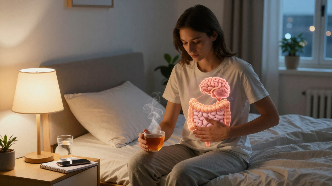 Mulher sentada na cama com expressão de dor abdominal segurando o estômago e bebendo chá quente.