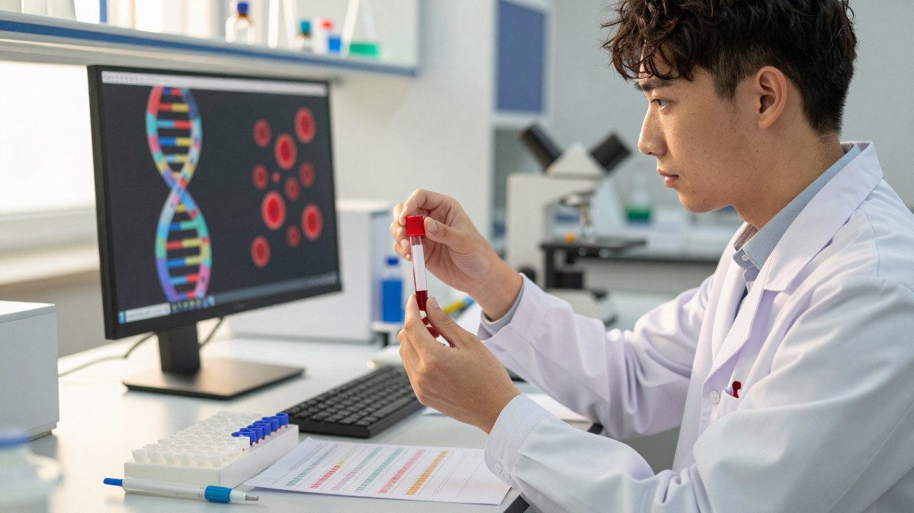 Cientista analisando tubo de ensaio com sangue em laboratório com imagem de DNA no monitor ao fundo.