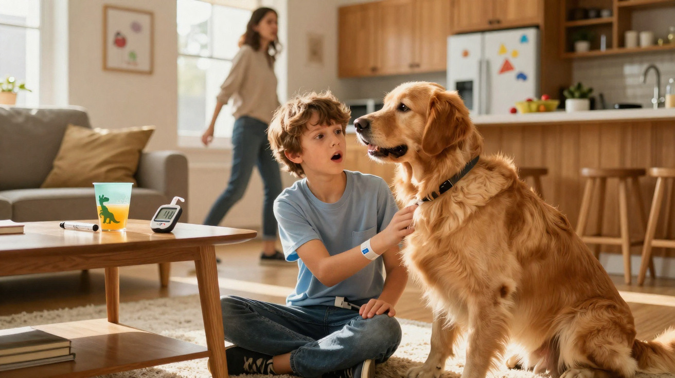Menino sentado no chão da sala acaricia cão golden retriever enquanto mulher anda ao fundo na cozinha.