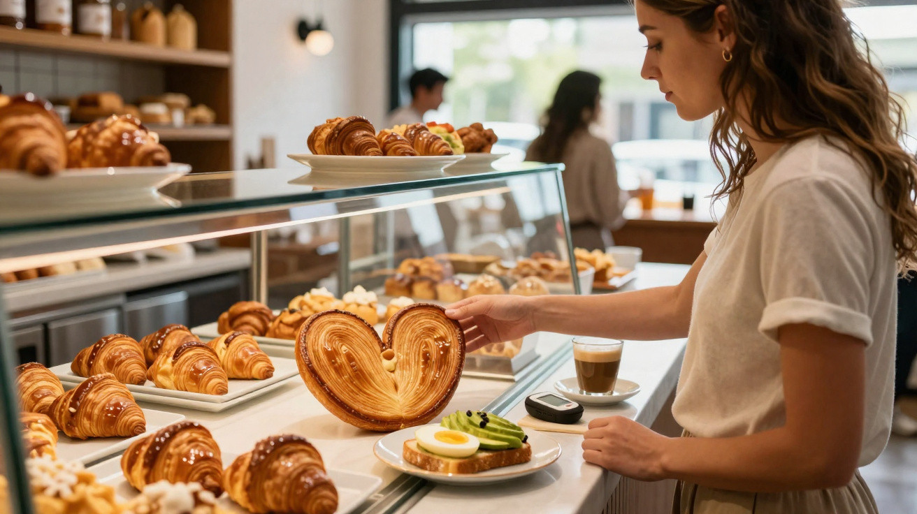 Mulher escolhendo doce em padaria com variedade de croissants e café sobre balcão.