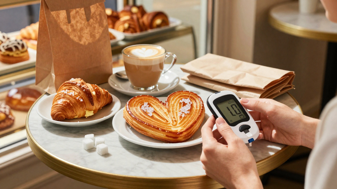 Pessoa medindo glicose ao lado de café, croissant e pão em mesa de cafeteria.