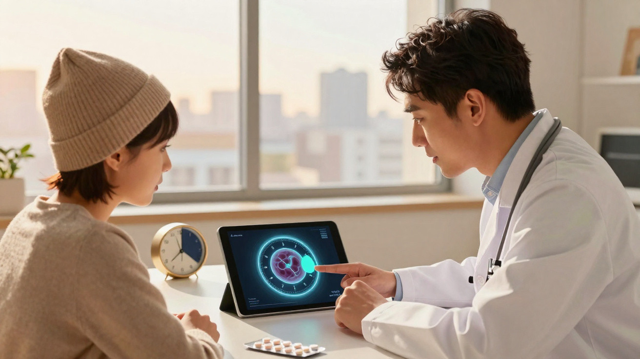 Médico explicando exame digital para paciente jovem em consulta, com remédios e relógio na mesa.
