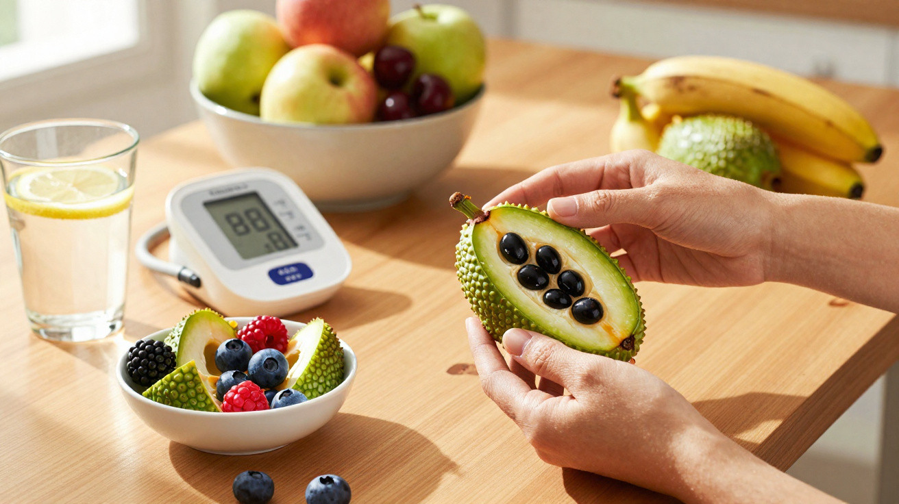 Pessoa segurando fruta exótica cortada com sementes pretas, frutas variadas, copo com água e aparelho de pressão na mesa.