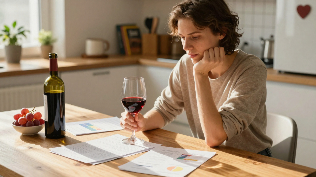 Mulher olhando documentos na mesa com taça de vinho tinto em ambiente iluminado e cozinha ao fundo.