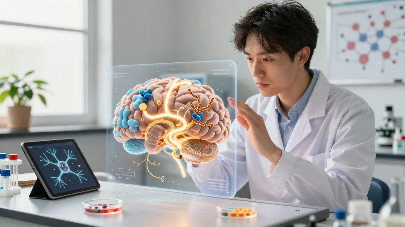 Cientista analisando imagem holográfica do cérebro humano em laboratório moderno e tecnológico.