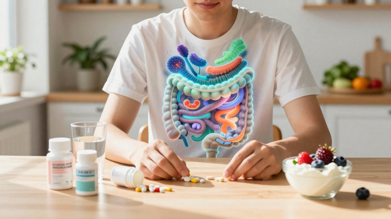 Pessoa sentada à mesa com remédios e ilustração do sistema digestivo sobreposta na região do peito.