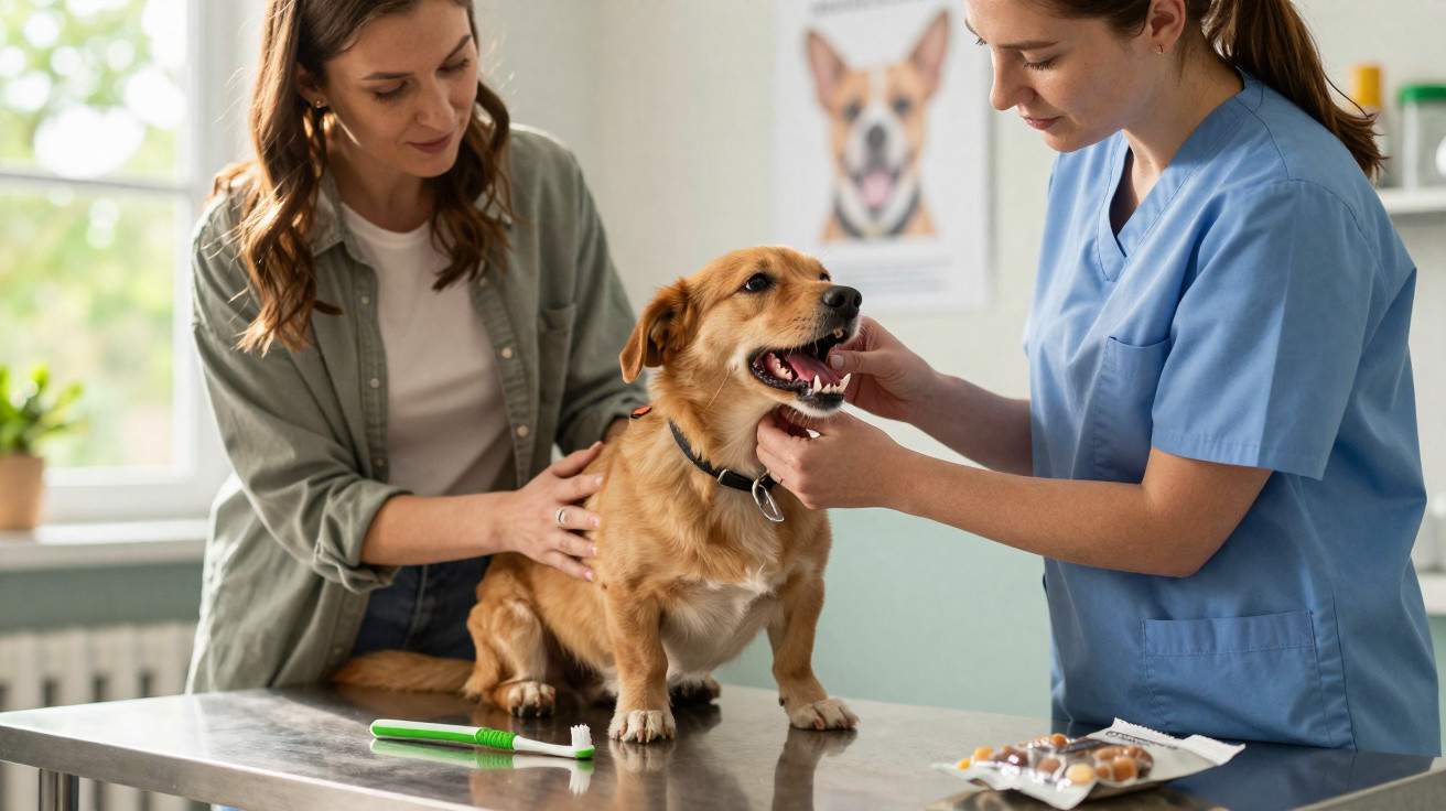 Veterinária examinando cachorro pequeno em clínica enquanto dona o segura na mesa de atendimento.
