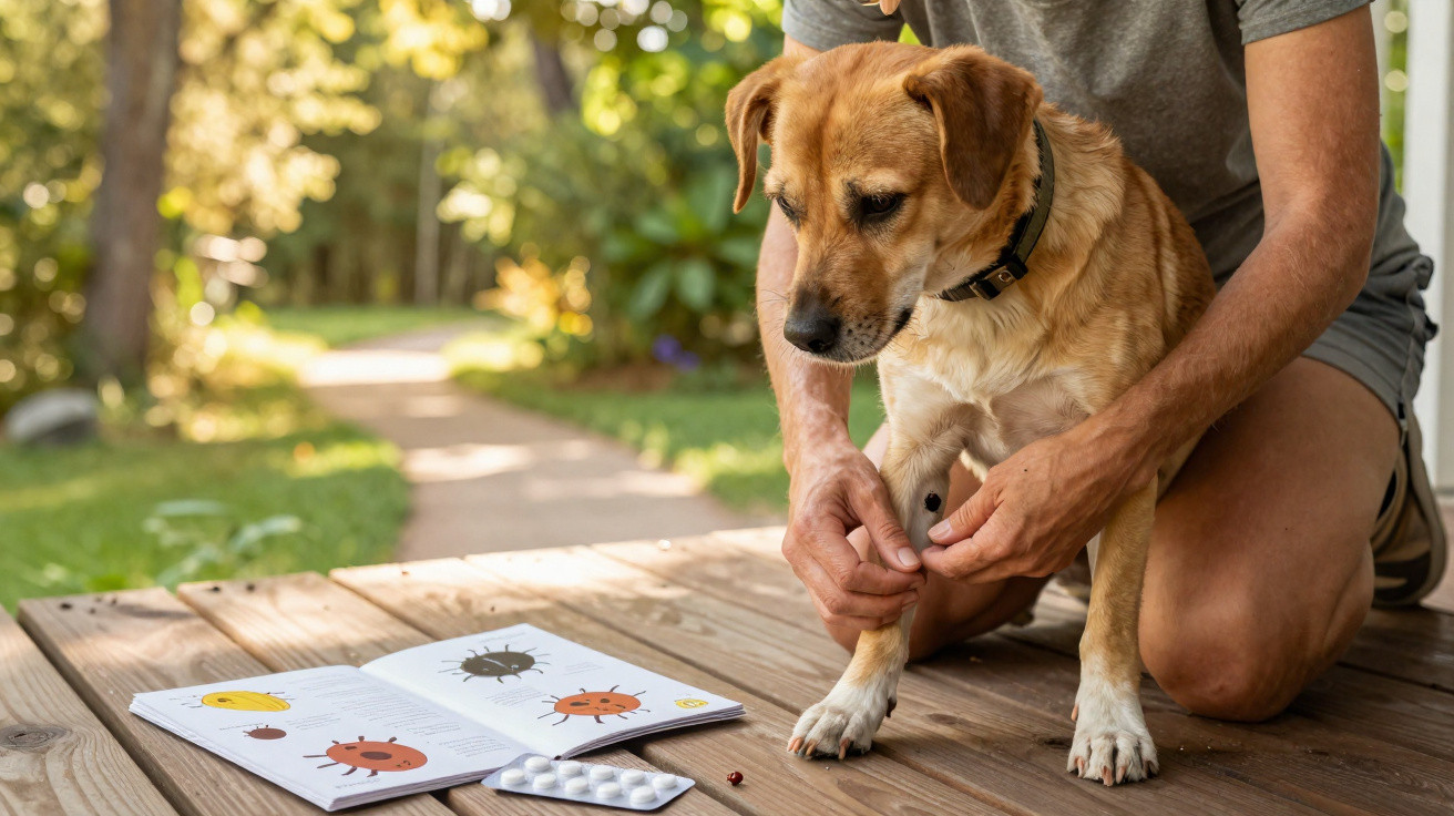 Pessoa examinando patinha de cachorro para remover carrapato durante dia ensolarado no parque.