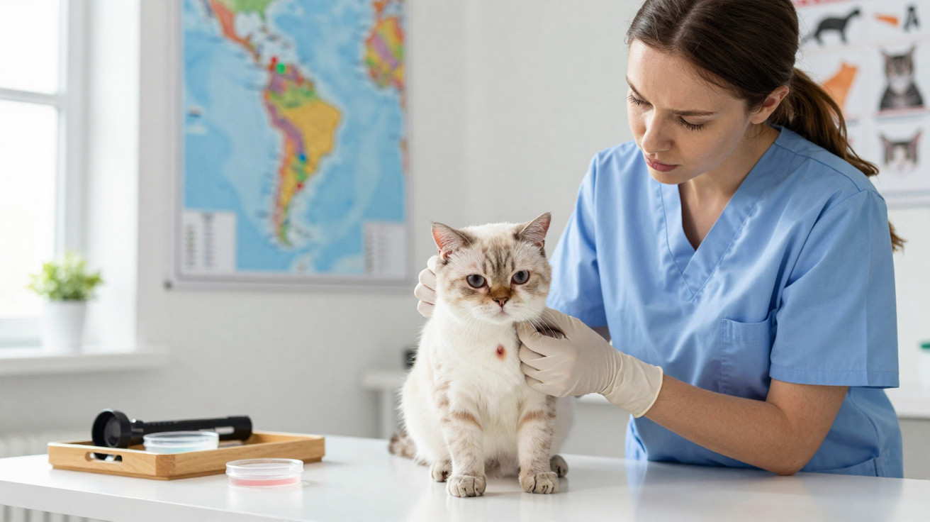 Veterinária examinando um gato branco em uma clínica veterinária bem iluminada.