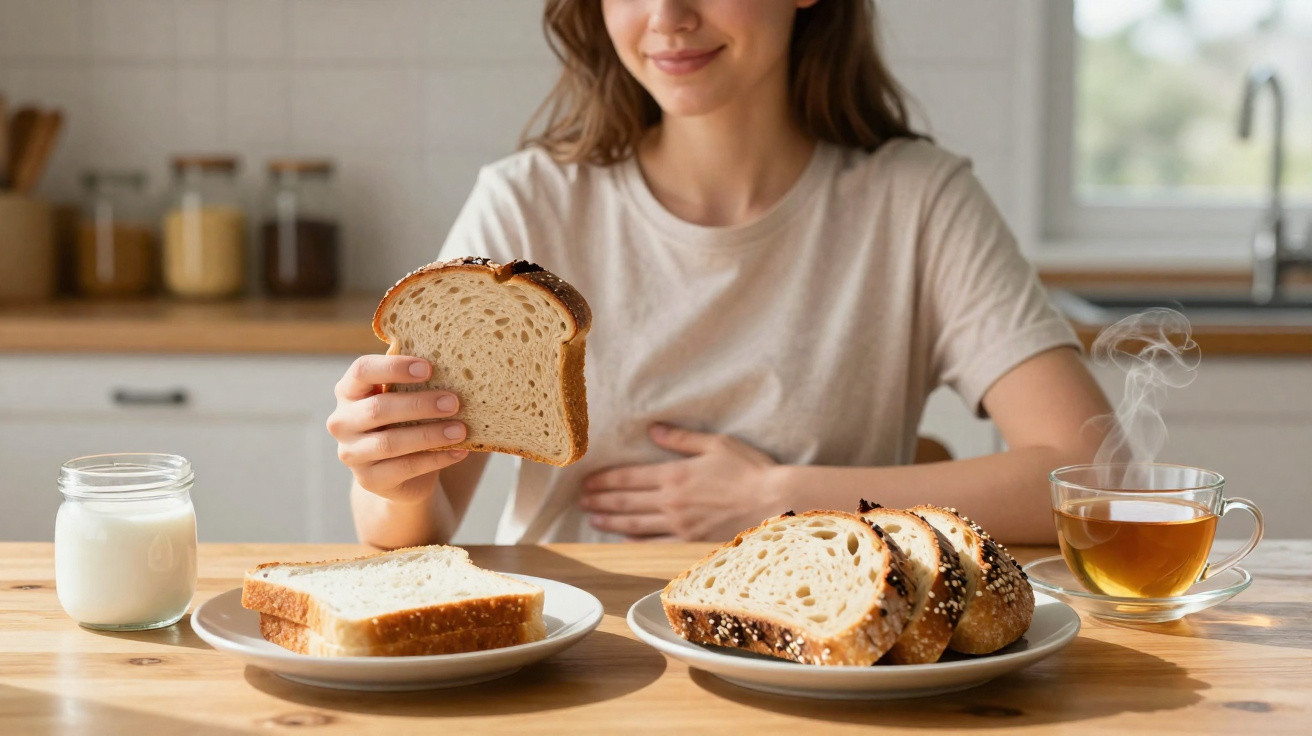 Mulher segurando fatia de pão, com copo de leite e xícara de chá à mesa iluminada pela luz natural.
