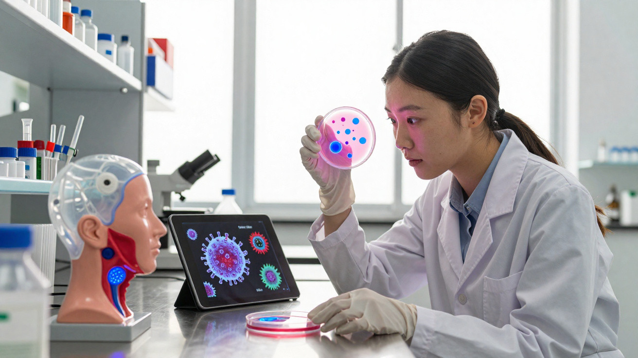 Cientista analisa placas de petri com bactérias em laboratório moderno com tela exibindo vírus.