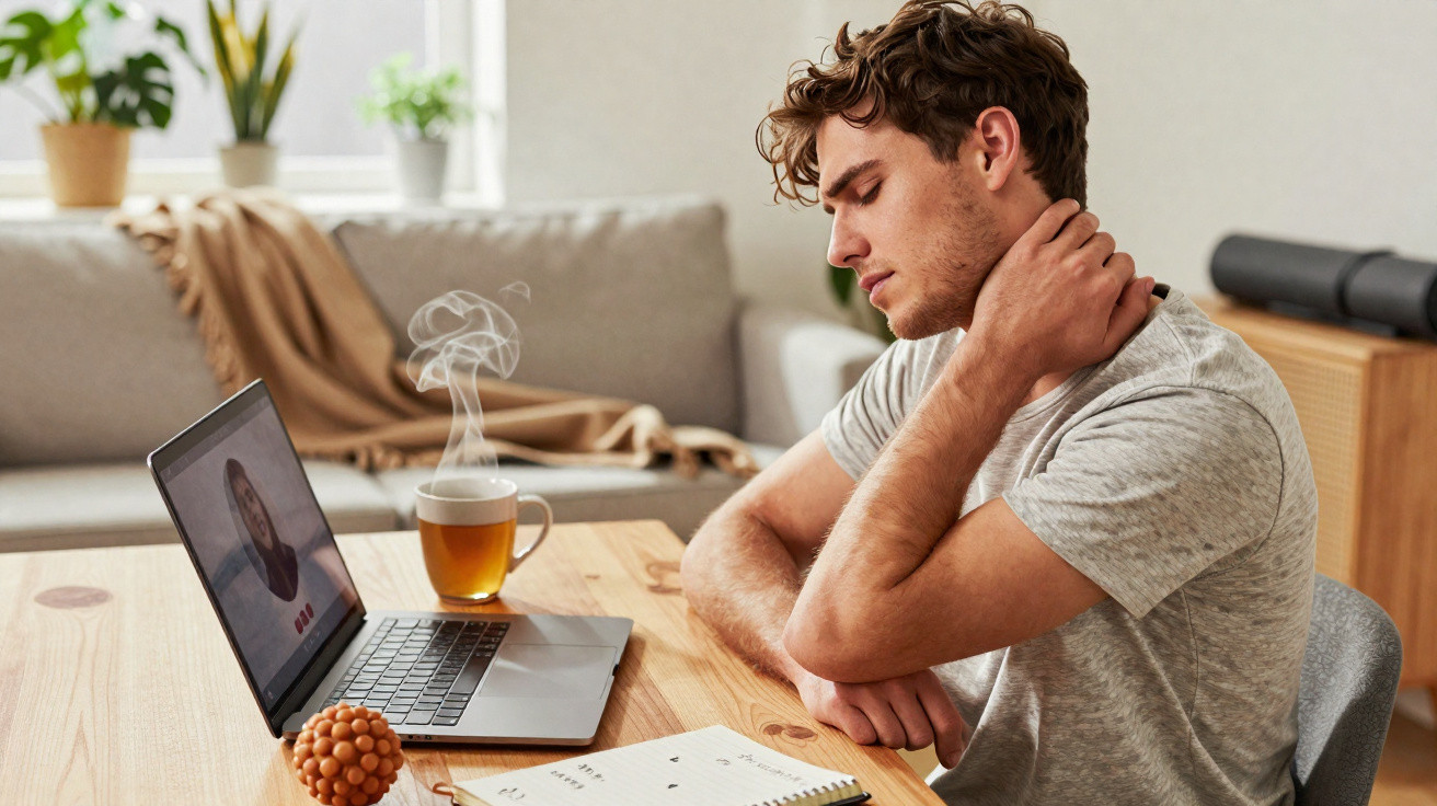 Homem sentado em mesa massageando o pescoço, com laptop, caderno e xícara de chá fumegante à frente.