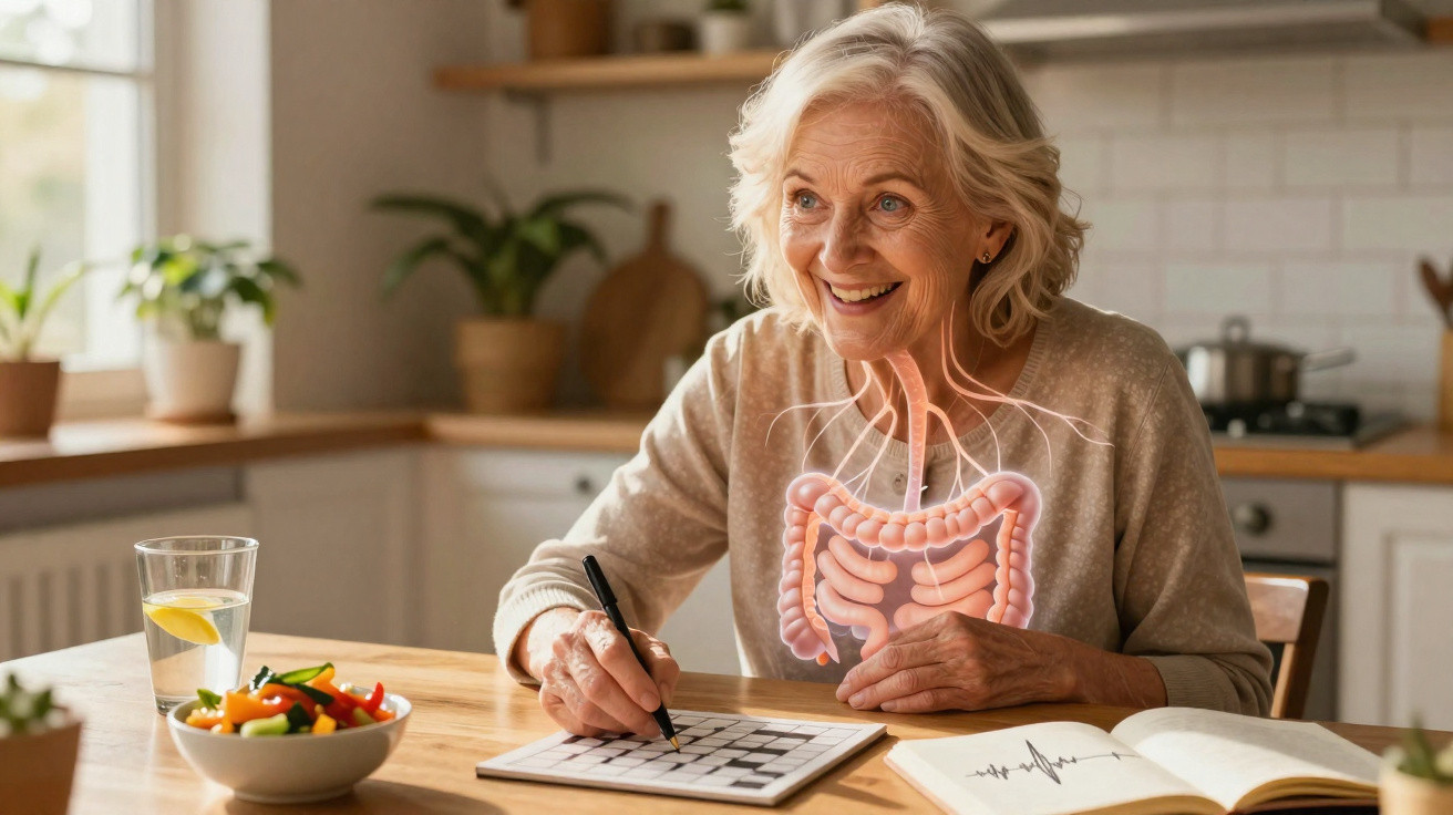 Mulher idosa sorrindo enquanto resolve palavras cruzadas, com ilustração do sistema digestivo sobreposta.