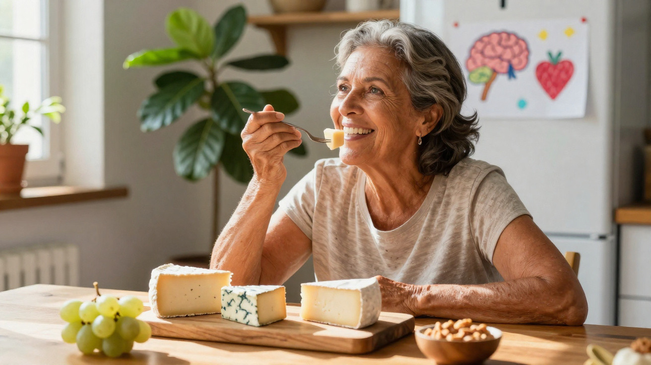 Mulher idosa sorrindo enquanto come queijo e está sentada à mesa com queijos, uvas e nozes.