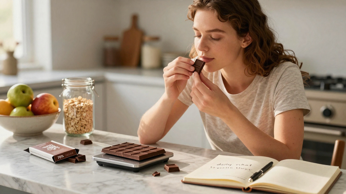Mulher sentada à mesa, segurando e cheirando pedaço de chocolate em cozinha iluminada.