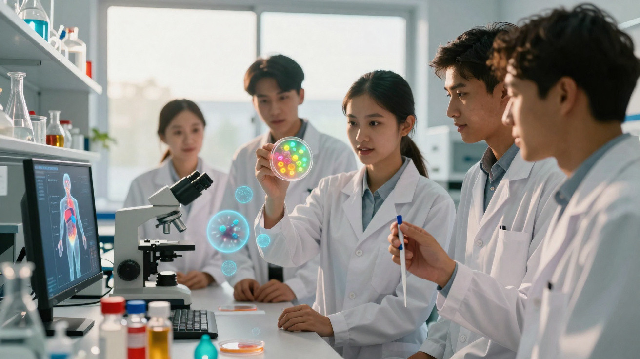 Grupo de jovens cientistas em laboratório analisando amostra em placa de Petri com simulação digital de células.