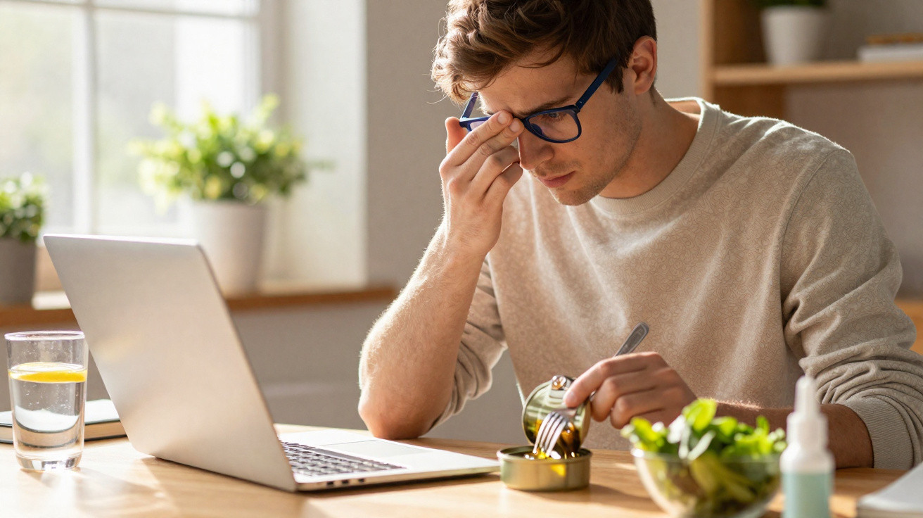 Homem usando óculos trabalha no laptop enquanto abre uma lata de comida em ambiente iluminado.