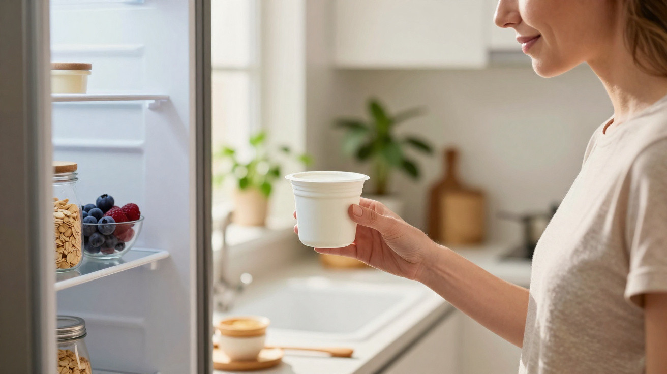Mulher segurando pote de iogurte ao abrir geladeira moderna em cozinha clara e arejada.