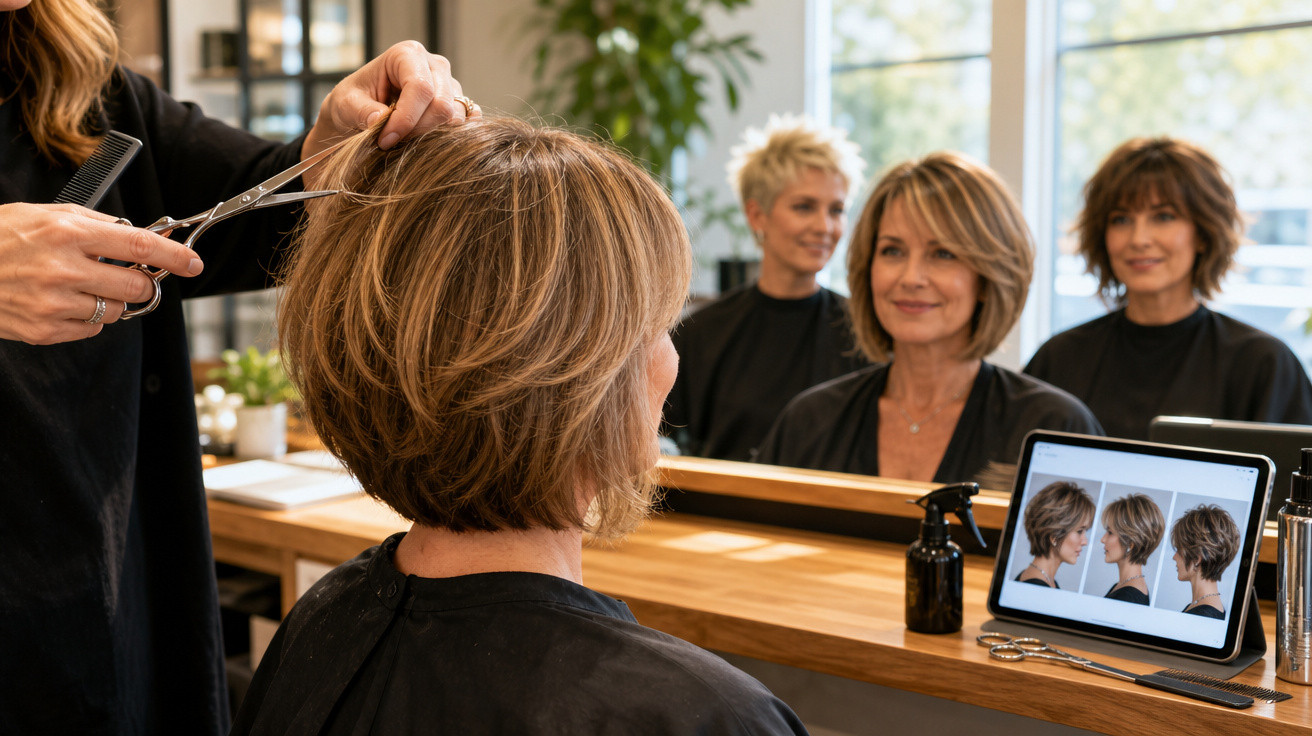 Mulher com cabelo curto loiro sendo cortado por cabeleireiro em salão, olhando no espelho.