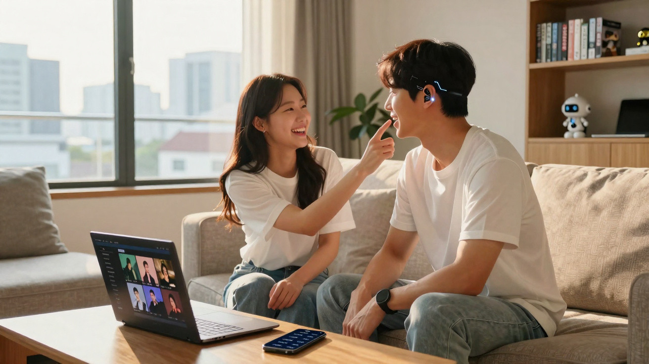 Jovem casal sorrindo em sala de estar com laptop aberto em videochamada sobre mesa de madeira.
