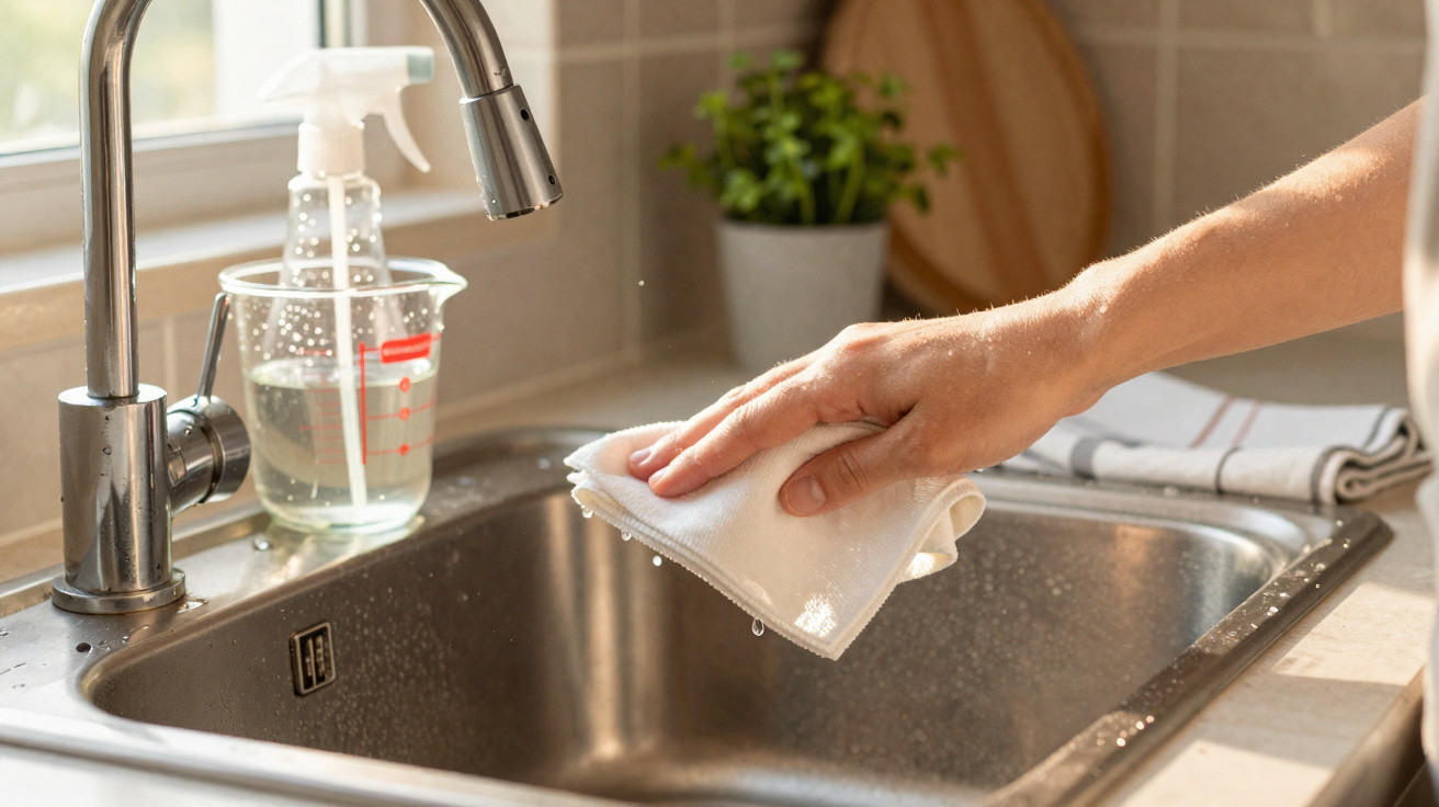 Mão limpando pia de cozinha de inox com pano branco ao lado de borrifador transparente.