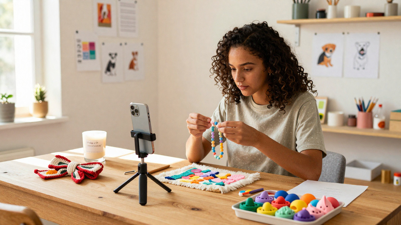 Jovem fazendo artesanato com contas coloridas em mesa, filmada por celular em suporte.