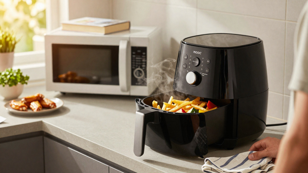 Air fryer preta com batatas fritas e legumes cozinhando em balcão de cozinha iluminado.