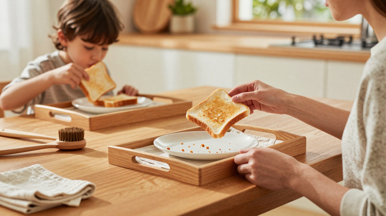 Adulto e criança segurando fatias de pão tostado sentados à mesa de madeira na cozinha.