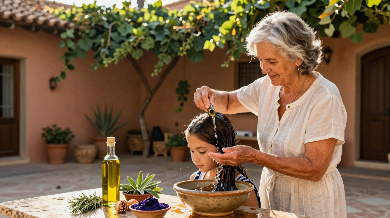 Idosa aplicando óleo no cabelo de menina ao ar livre, em ambiente com plantas e mesa de madeira.