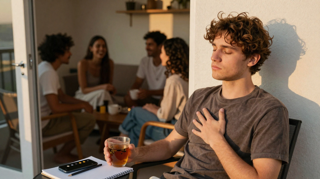 Jovem sentado sozinho com olhos fechados segurando copo de chá, enquanto grupo conversa ao fundo.