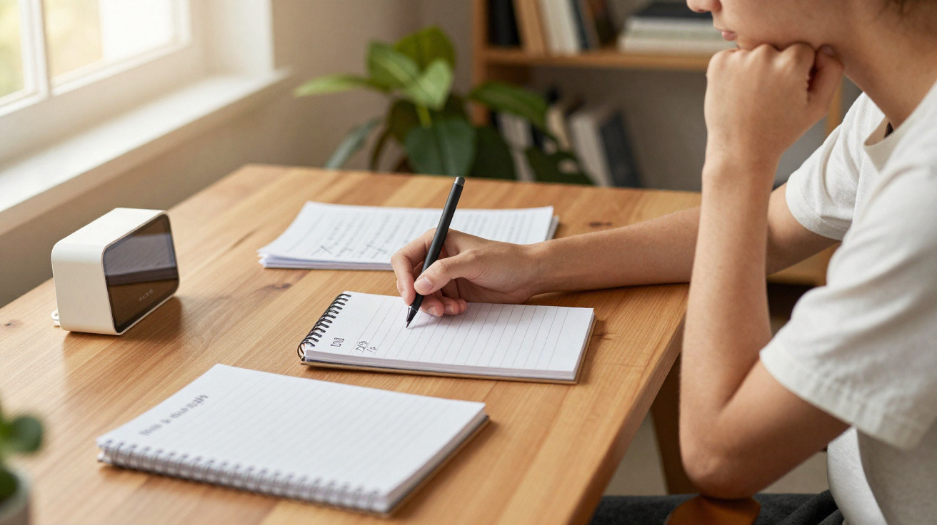Pessoa escrevendo em um caderno em mesa de madeira próxima à janela com relógio digital branco.