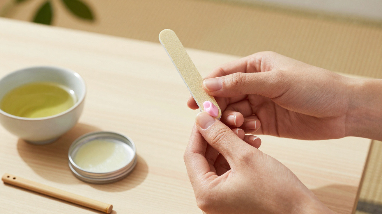 Mãos femininas lixando unha com lixa enquanto produtos de cuidado das unhas estão sobre mesa clara.