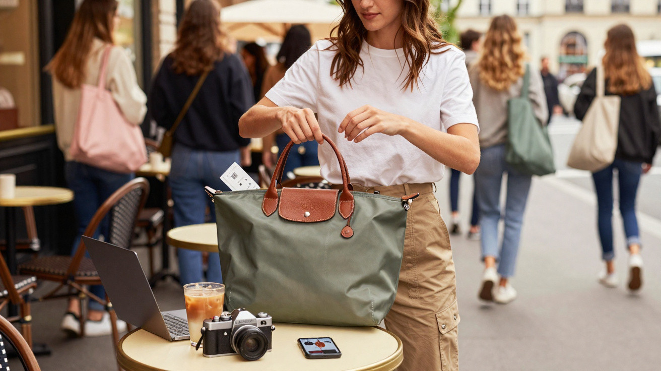 Pessoa segurando bolsa verde em mesa com câmera, celular, café e notebook em café ao ar livre.