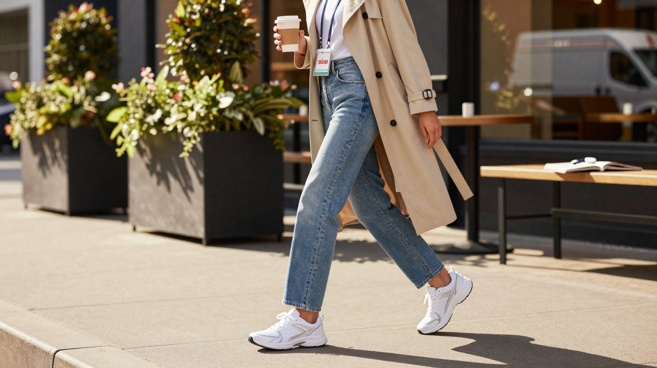 Pessoa caminhando na calçada com tênis branco, jeans, casaco bege e segurando copo de café.