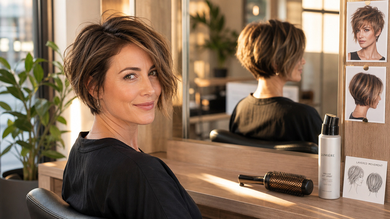 Mulher de cabelo curto e loiro escuro sorrindo sentada em salão de beleza diante de espelho.