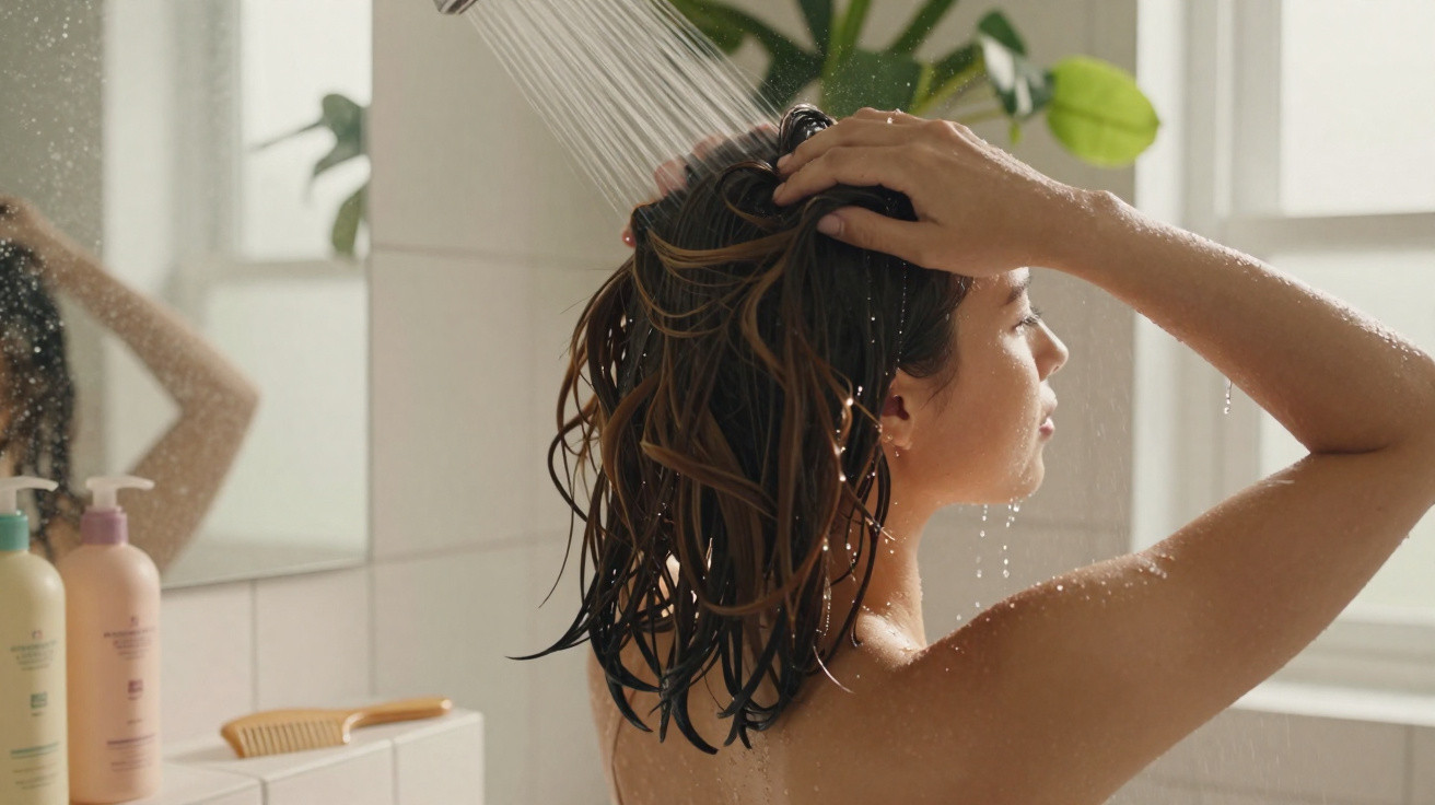Mulher lavando o cabelo no chuveiro com luz natural entrando pela janela e plantas ao fundo.