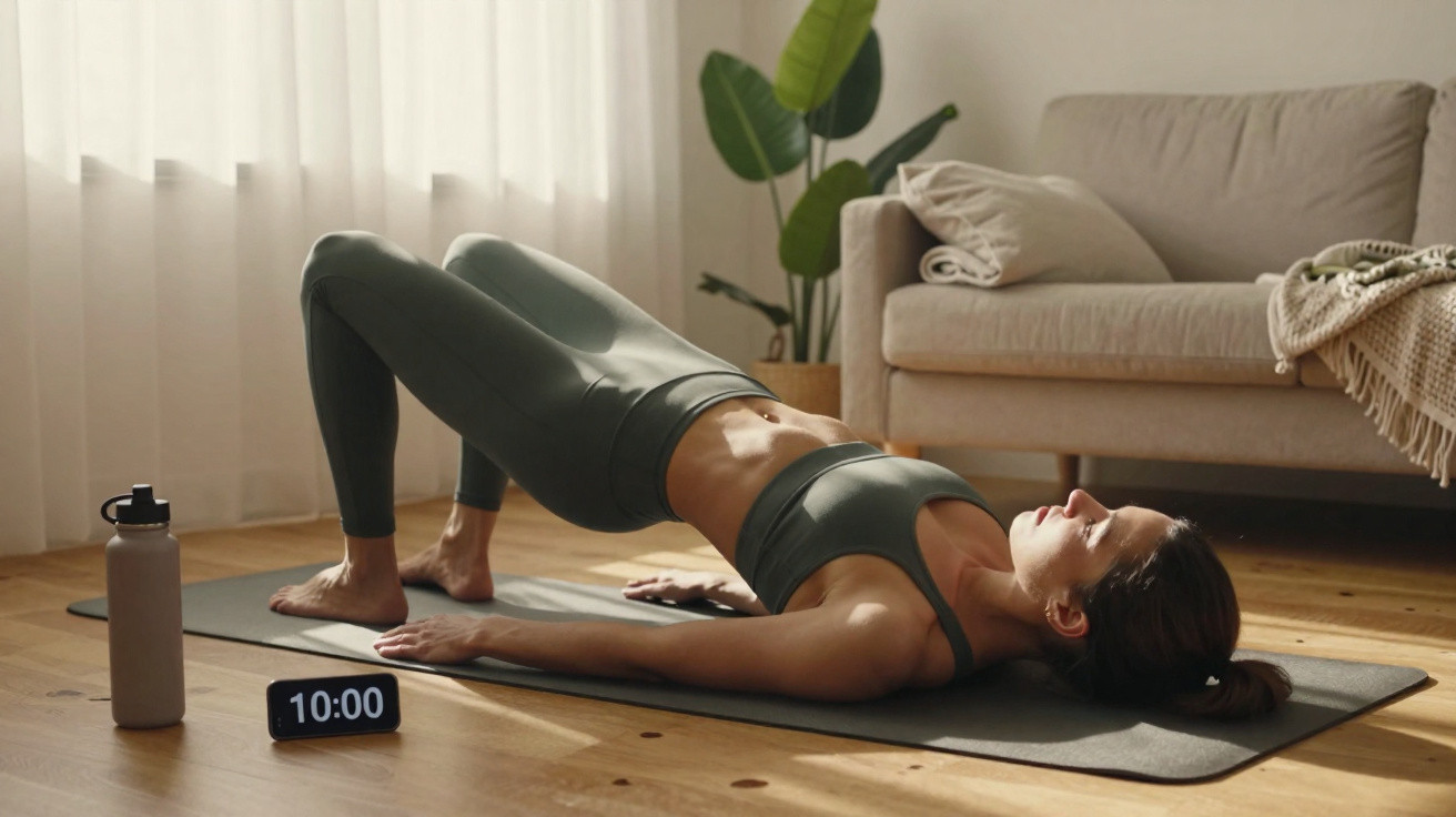 Mulher fazendo exercício de ponte no tapete de yoga em sala iluminada ao nascer do sol.
